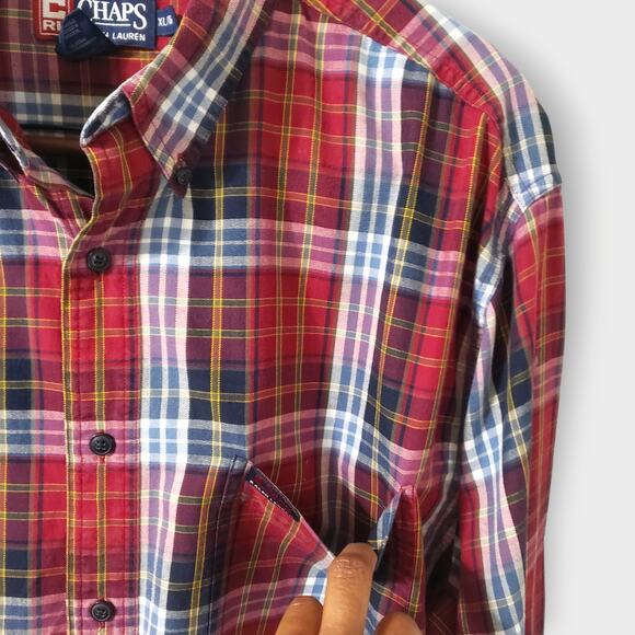 Chaps Ralph Lauren Madras Plaid Button Down Shirt XL Red Pocket Preppy Western - Picture 5 of 12